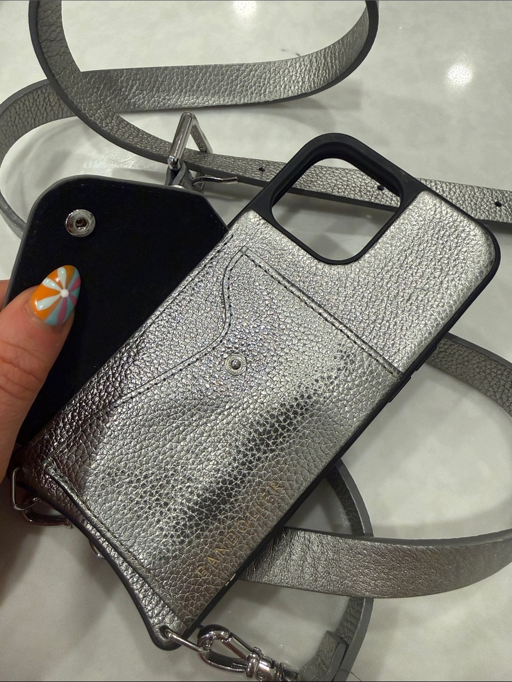 Bandolier Metallic Silver Pebbled Crossbody Phone Wallet iPhone 13 Pro Max - Picture 4 of 7